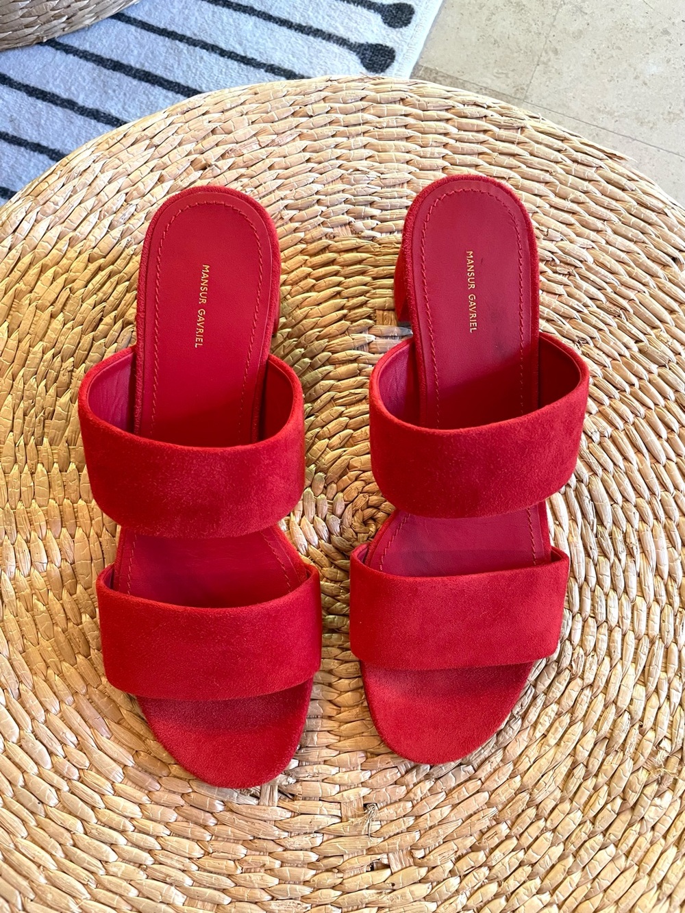 Mansur Gavriel Red Double Strap Suede Sandals